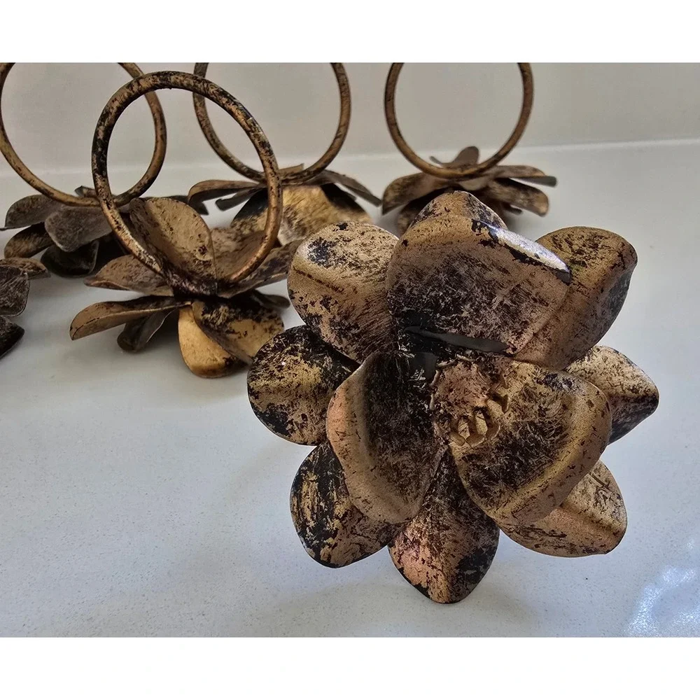 Set of 7 Antique Style Gold Floral Metal Napkin Rings Distressed Lotus Flower
